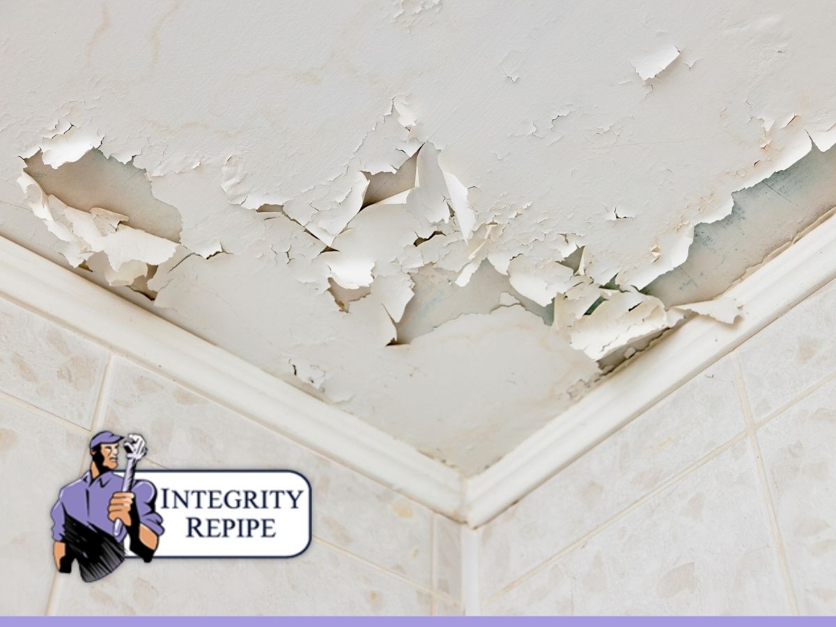 damaged roof due to penetration of water, causing peeling paint and moldy