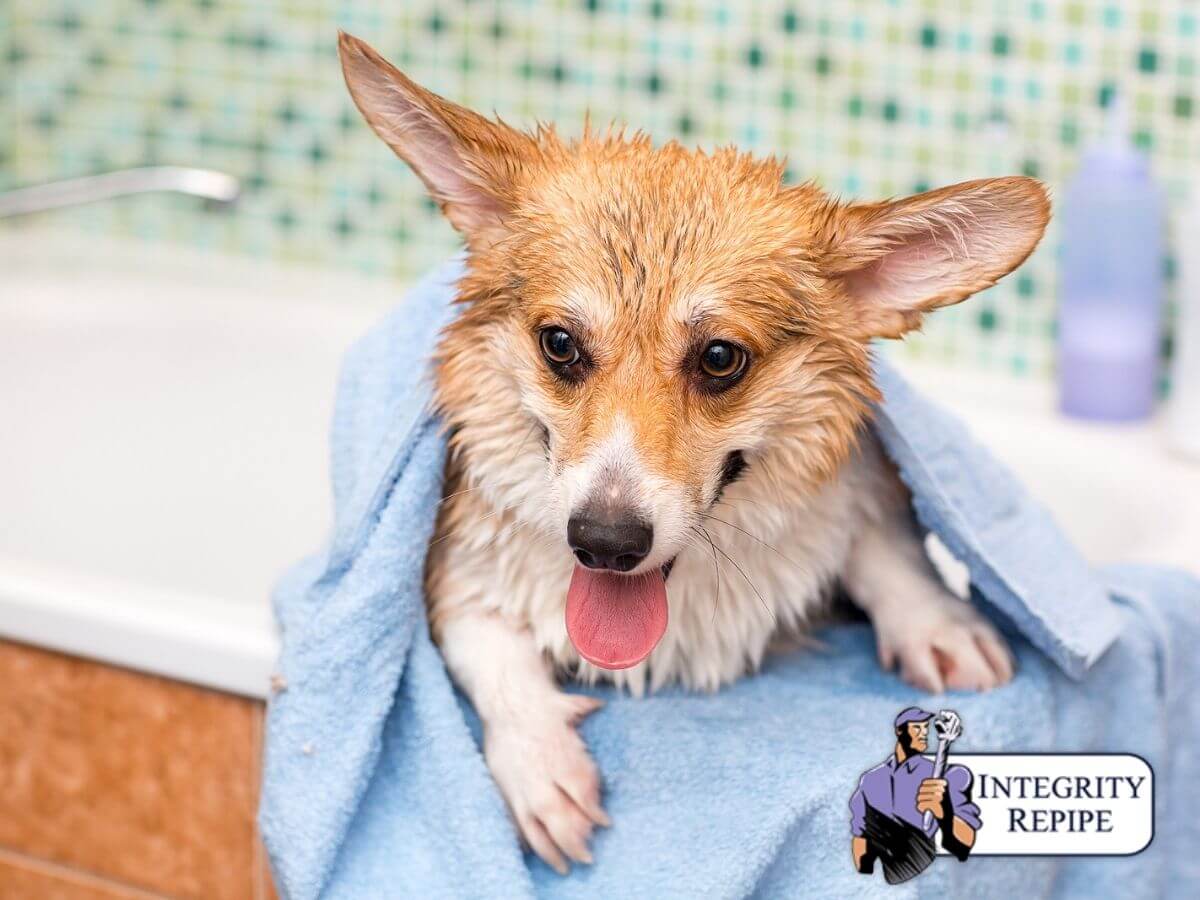 Corgi dog washes in the bathroom